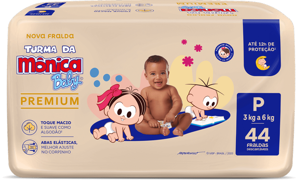 Visão aproximada da nova embalagem da fralda Turma da Mônica Baby Premium 