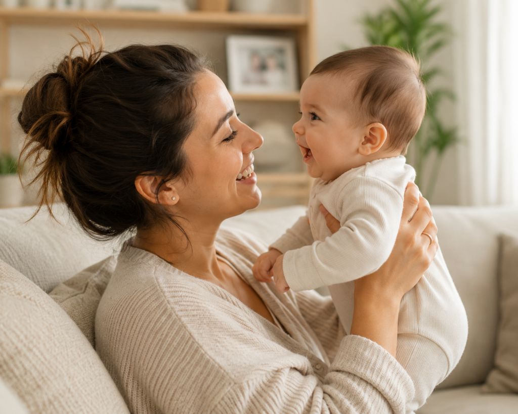 mãe e bebê se olhando nos olhos na sala de estar um ambiente agradável e aconchegante