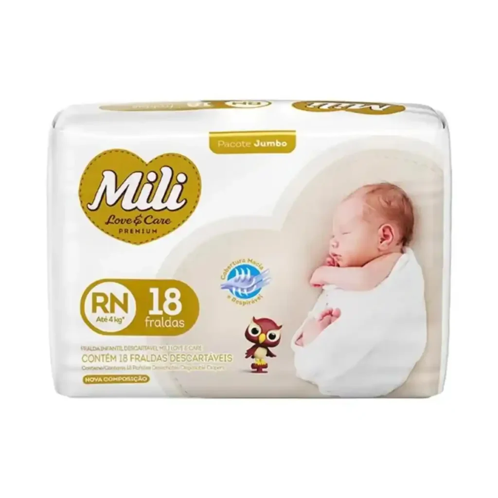 fraldas descartáveis premium Mili Love e Care tamanho Recém-Nascido RN.