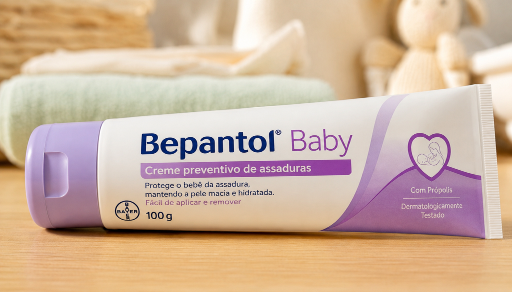 Tubo de creme preventivo de assaduras Bepantol Baby de 100 gramas deitado sobre mesa de madeira com toalhas ao fundo.