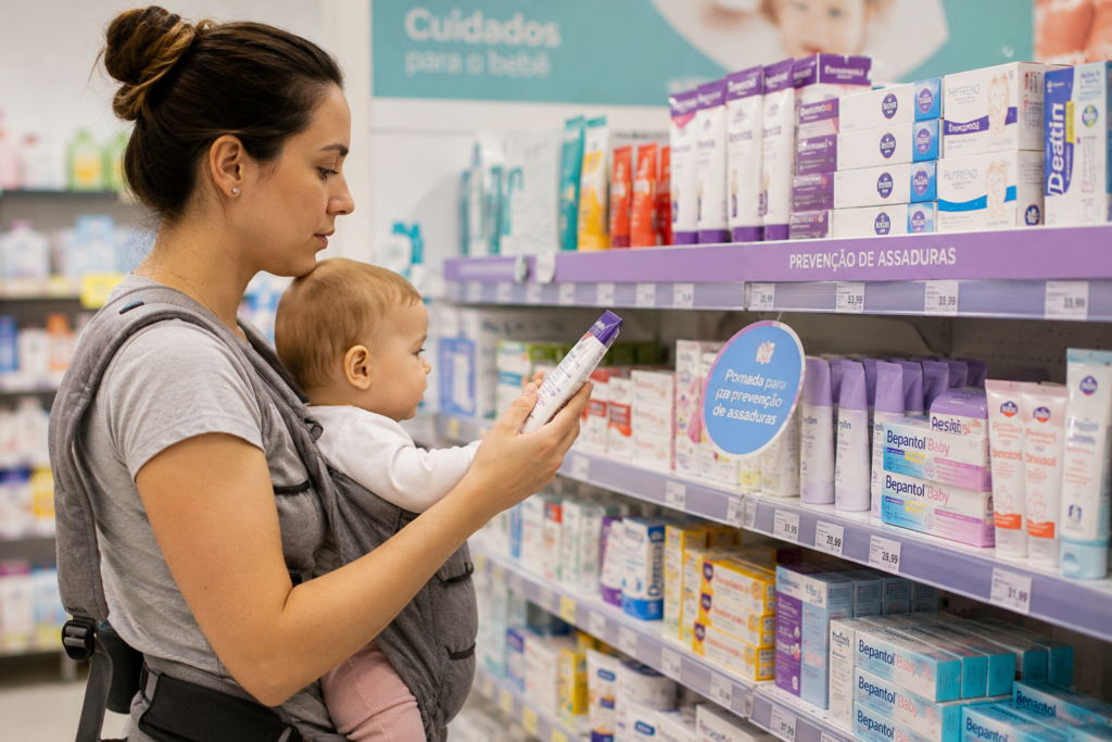 escolha-de-pomada-para-prevencao-de-assaduras.webp Mãe com bebê no canguru analisa rótulo de pomada em corredor de farmácia na seção de prevenção de assaduras.