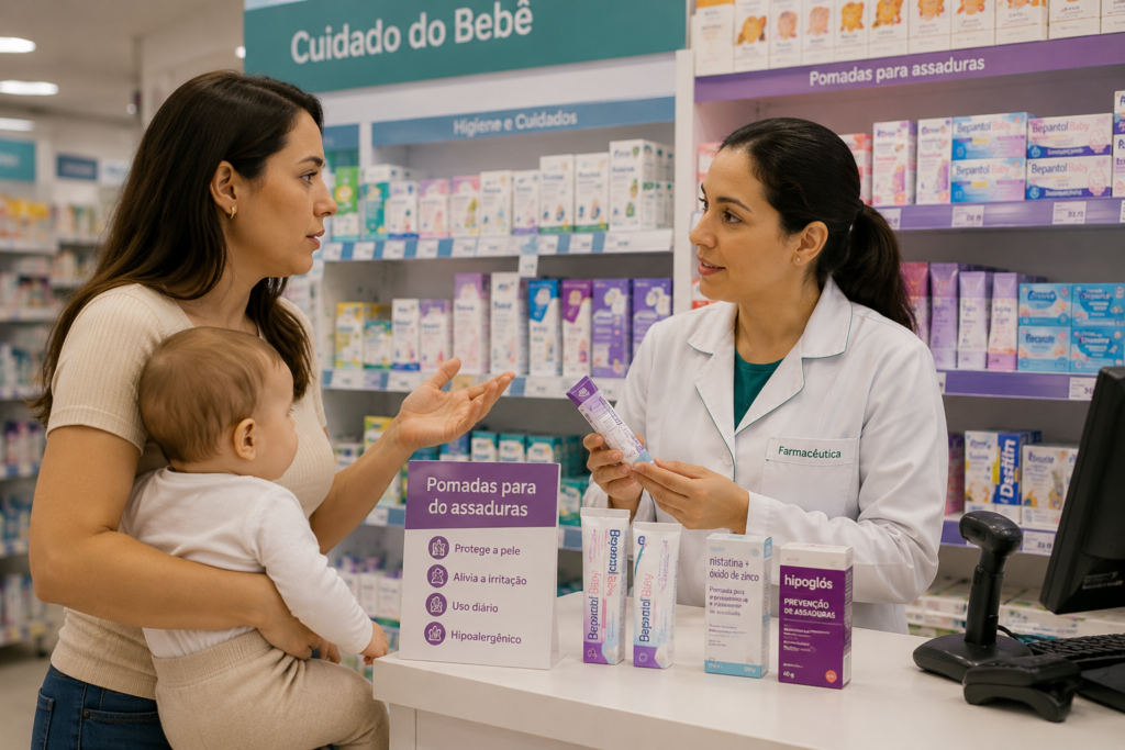 orientacao-profissional-pomada-assadura-bebe.webp Mãe com bebê no colo conversa com farmacêutica de jaleco branco no balcão de uma farmácia sobre pomadas para assaduras.
