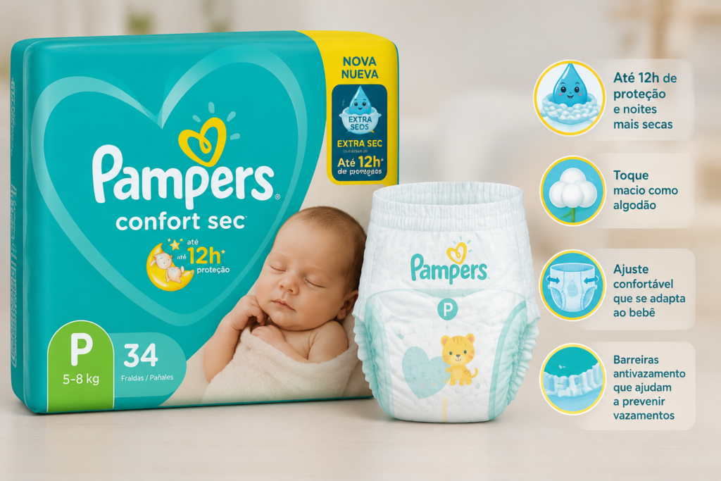 Infográfico do pacote de fraldas Pampers Confort Sec tamanho P detalhando benefícios como barreiras antivazamento e ajuste confortável.