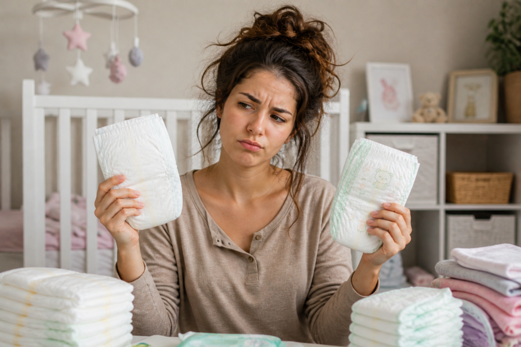 toda-fralda-e-igual-maternidade.jpg Mãe de primeira viagem com expressão confusa e cansada, segurando um pacote de fraldas aberto perto do berço do bebê, com roupas desorganizadas ao redor.
