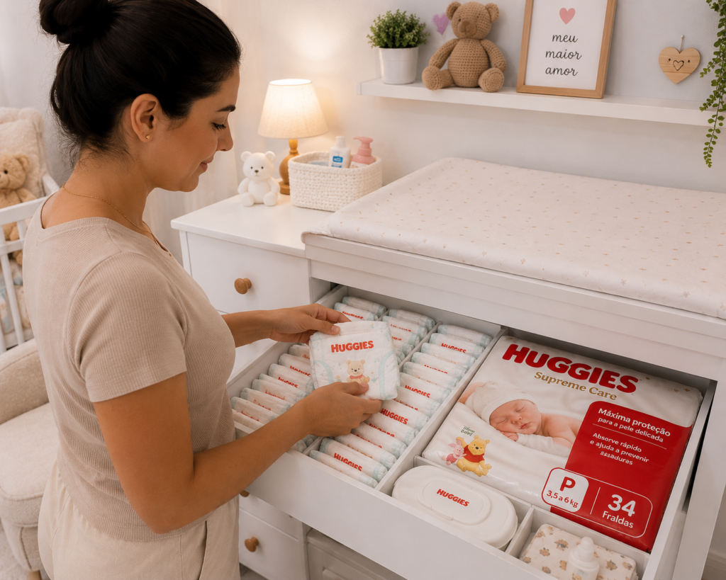 organizacao-de-fraldas-huggies-supreme-care.webp Mãe sorrindo organiza fraldas Huggies Supreme Care tamanho P na gaveta aberta do trocador no quarto do bebê.