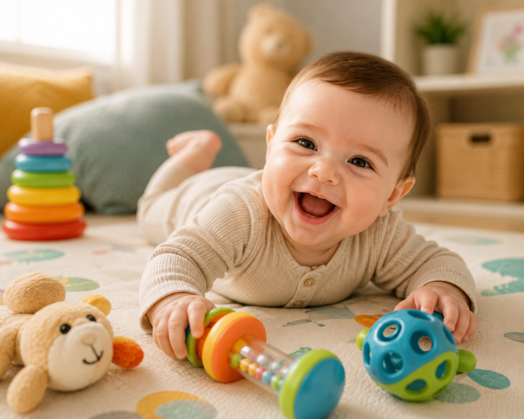bebê deitado em um tapete de atividades sorrindo e brincando na fase de desenvolvimento