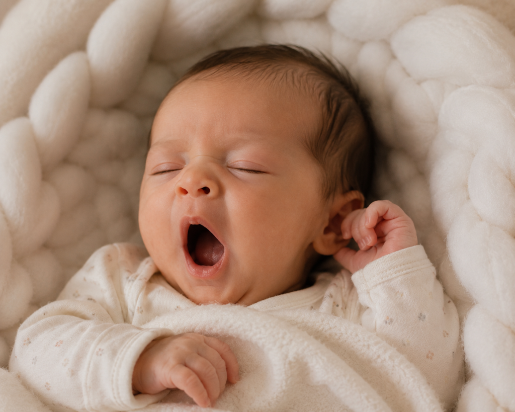 Close-up de um bebê recém-nascido bocejando e fechando os olhos preguiçosamente em um ninho de algodão macio.