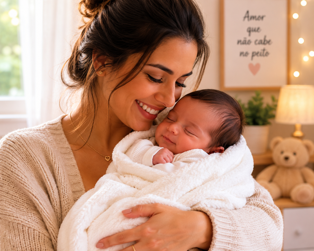 Mãe sorrindo segura no colo seu bebê recém-nascido de um mês embrulhado em uma manta branca macia.
