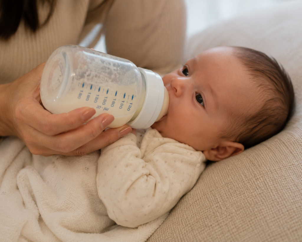 Mão de mãe segurando uma mamadeira com fórmula infantil para alimentar um bebê pequeno deitado de lado.