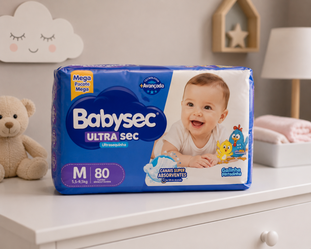 Pacote azul da fralda Babysec UltraSec posicionado em cima de uma cômoda branca no quarto do bebê.