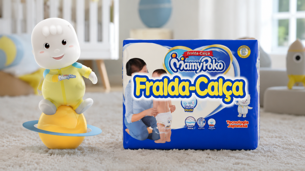 Pacote azul de fraldas descartáveis MamyPoko Fralda Calça tamanho P com trinta e oito unidades.