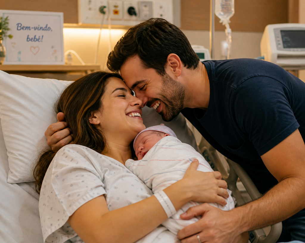 Mãe sorridente deitada na cama do hospital segurando o bebê recém-nascido no colo, enquanto o pai se inclina sobre eles sorrindo e encostando a testa na dela. Ao fundo, um quadro diz "Bem-vindo, bebê!".