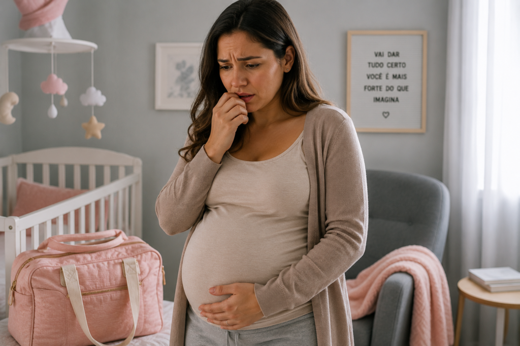 Mulher grávida em pé no quarto do bebê, segurando a barriga com uma mão e roendo as unhas com expressão de dúvida e ansiedade. Ao fundo, aparecem o berço e uma mala de maternidade rosa pronta.