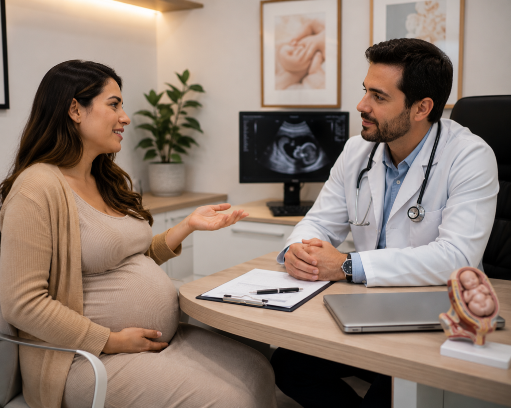 Mulher grávida sentada em um consultório médico conversando com um médico obstetra de jaleco branco e estetoscópio. Ao fundo, uma tela mostra uma imagem de ultrassom de um feto.