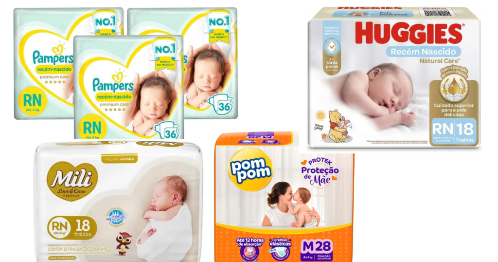 Comparação das quatro melhores marcas de fraldas para recém-nascido em 2026 mostrando os pacotes da Pampers, Huggies, PomPom e Mili juntos.