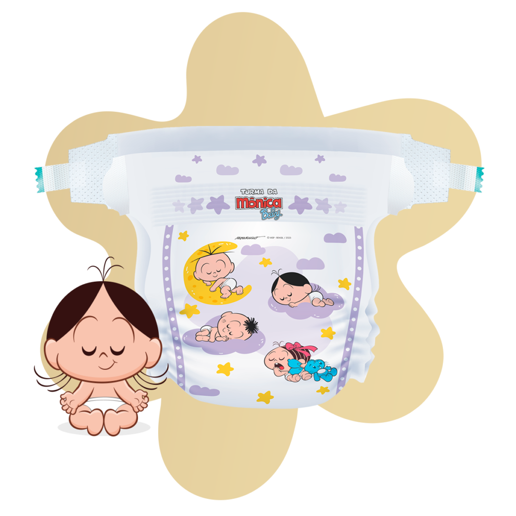 Nova Fralda Turma da Mônica Baby Premium aberta mostrando os detalhes das estampas dos personagens.