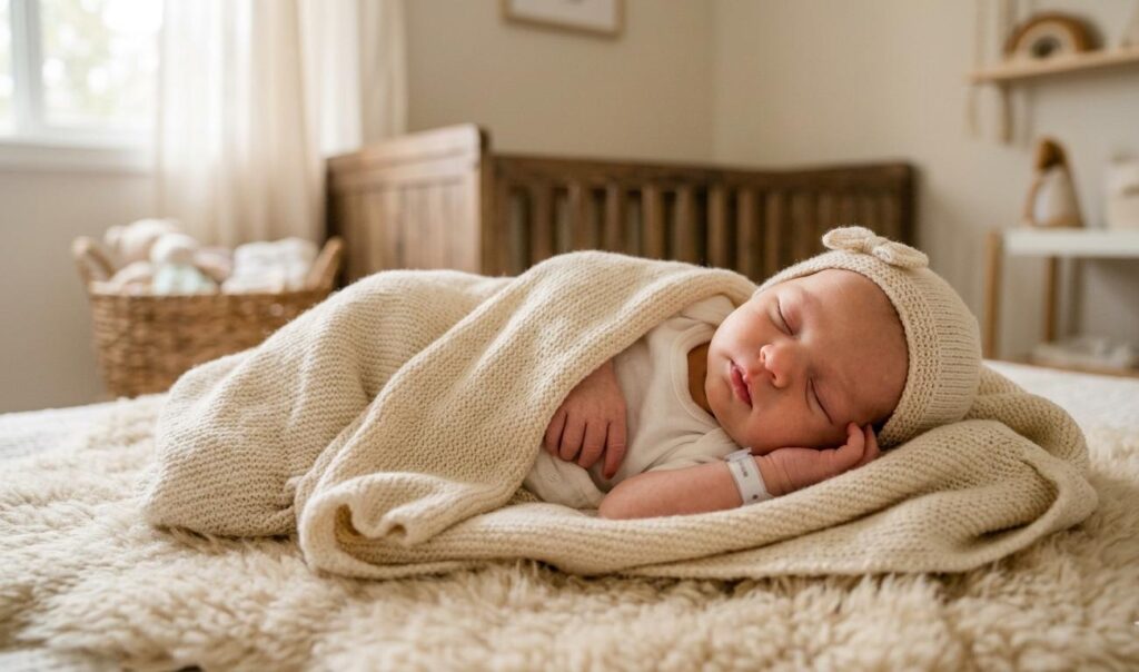ebe-recem-nascido-dormindo-profundamente..jpg Bebê recém-nascido dormindo profundamente de lado em uma cama com tapete felpudo. O bebê usa touca de tricô bege com laço, está envolto em uma manta de tricô clara e o quarto tem um berço de madeira ao fundo.