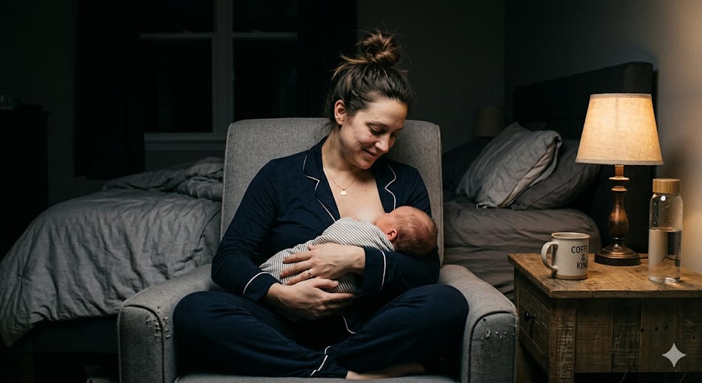 mae-amamentando-bebe-de-madrugada.jpg Mãe sentada em uma poltrona de amamentação no quarto escuro, ninando o bebê recém-nascido no colo durante a madrugada.