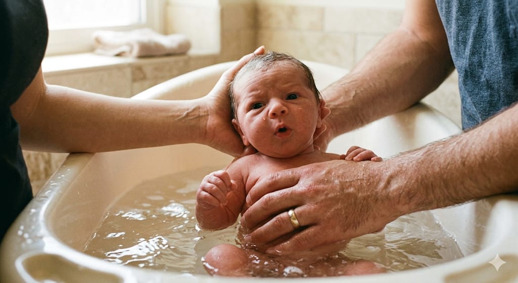 primeiro-banho-do-bebe-recem-nascido.jpg Mãos de pais segurando com cuidado um bebê recém-nascido pequeno durante o banho na banheira de plástico.