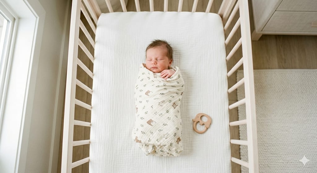 bebe-dormindo-enrolado-no-cueiro-berco.jpg Visão aérea de um bebê recém-nascido dormindo tranquilamente enrolado em um cueiro estampado dentro do berço de madeira.