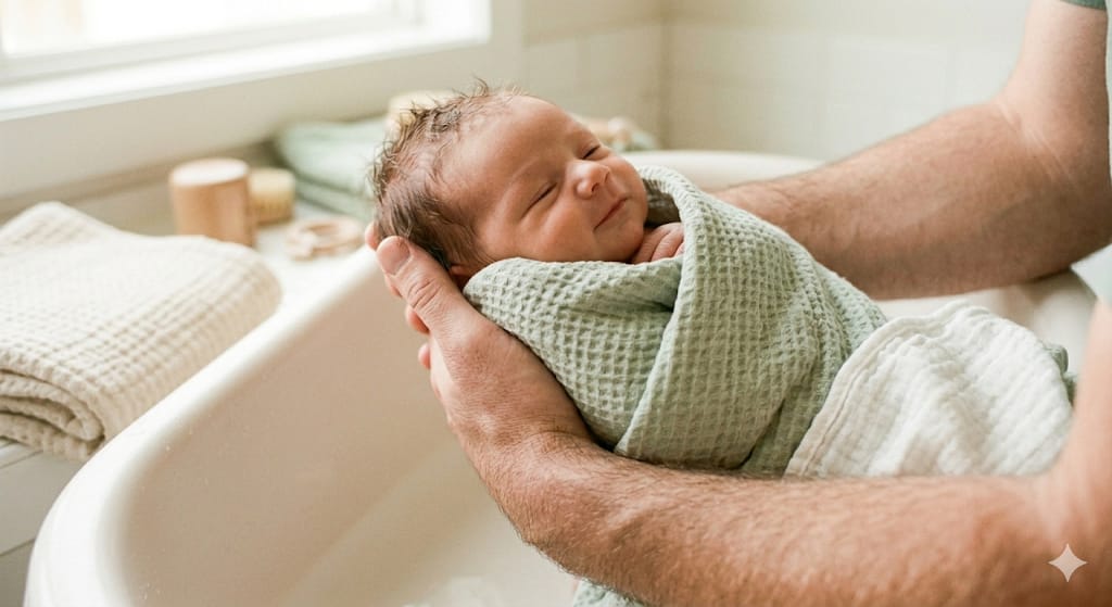Bebê recém-nascido relaxado durante o banho morno na banheira, sendo segurado com cuidado pelas mãos da mãe sob luz suave.
