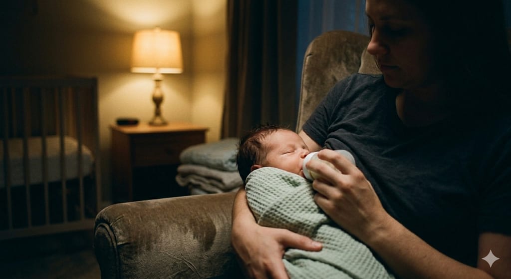 mamada-noturna-luz-baixa-recem-nascido.jpg Mãe amamentando o bebê recém-nascido no quarto escuro durante a madrugada, iluminada apenas por uma luz fraca de abajur.