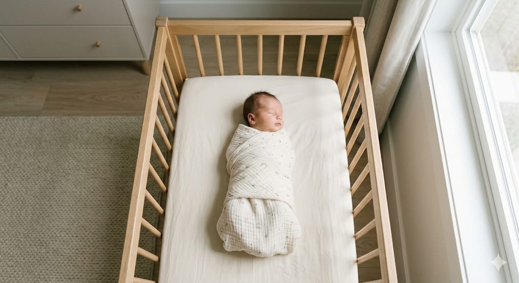 bebe-dormindo-tranquilo-no-berco-seguro.jpg Bebê recém-nascido dormindo de costas de forma segura e tranquila dentro de um berço de madeira clean.