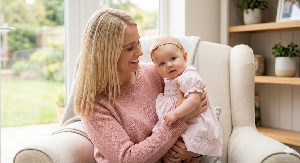 Mãe sorrindo com bebê menina no colo em uma poltrona confortável em sala iluminada.
