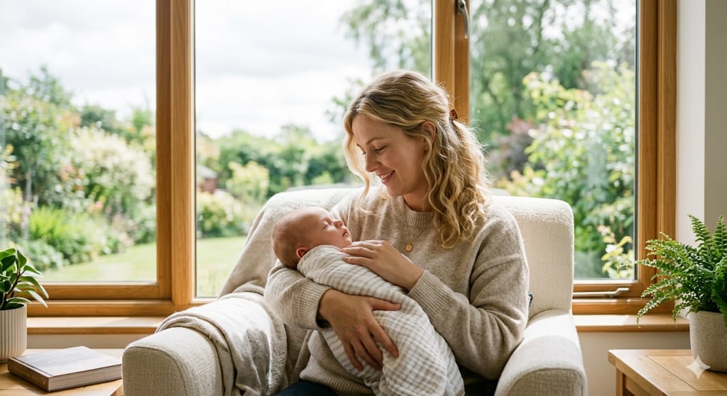tecnica-charutinho-para-bebe-dormir.jpg Mãe segurando bebê recém-nascido dormindo embrulhado em manta estilo charutinho em frente a uma janela.