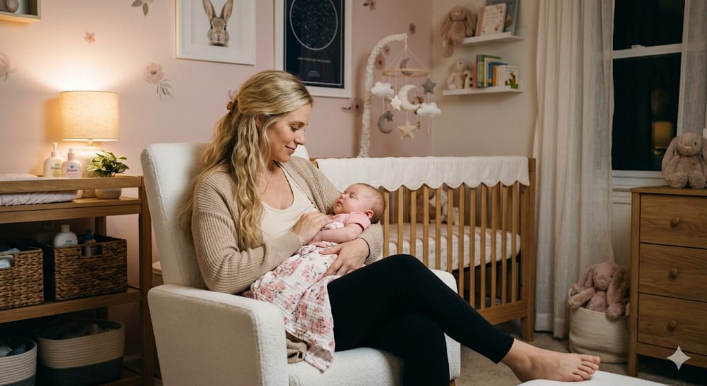 bebe-dormindo-colo-mae-quarto-tranquilo.webp Mãe sorrindo sentada em poltrona branca segurando bebê dormindo no colo em quarto aconchegante iluminado por abajur.