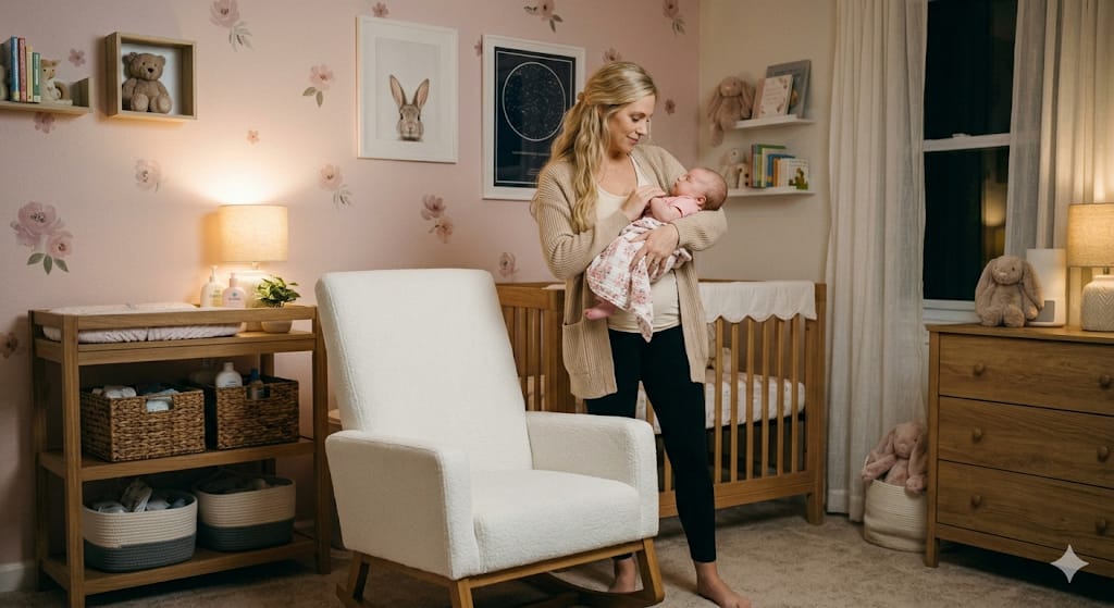 quarto-de-bebe-iluminacao-aconchegante-ritual-sono.webp Mãe em pé no quarto de bebê com iluminação aconchegante segurando recém-nascido no colo perto de poltrona de amamentação branca.