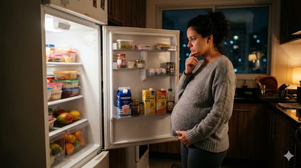 Mulher grávida em pé encarando o interior aberto e iluminado da geladeira com expressão confusa na cozinha à noite.
