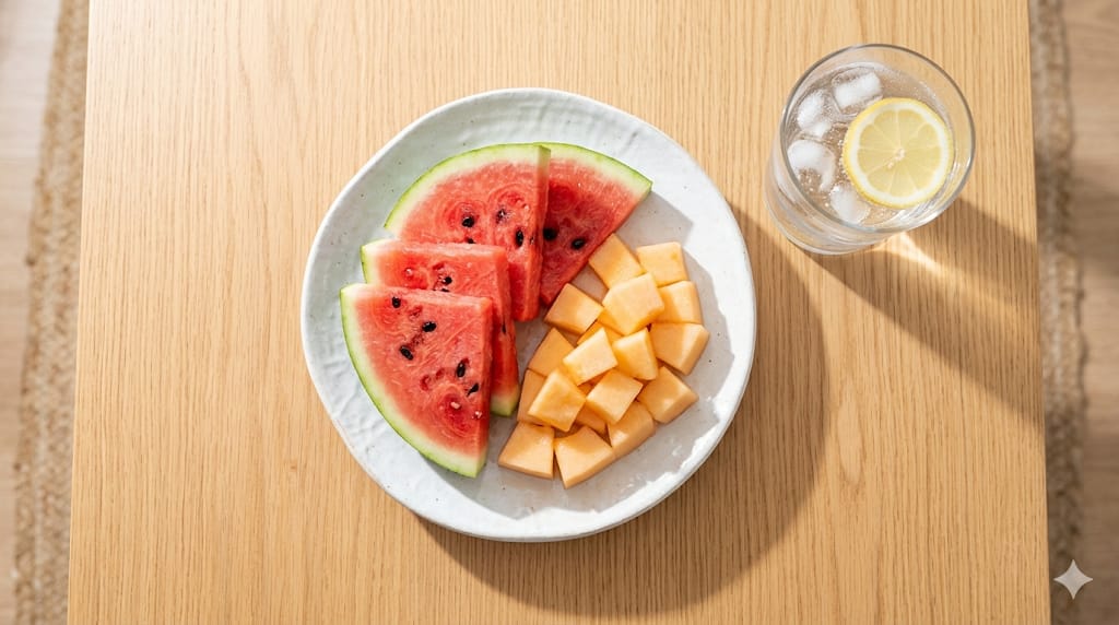 alimentos-seguros-para-evitar-enjoo-gravidez.jpg Prato com pedaços de frutas geladas, como melancia e melão, ao lado de um copo de água com limão na mesa.
