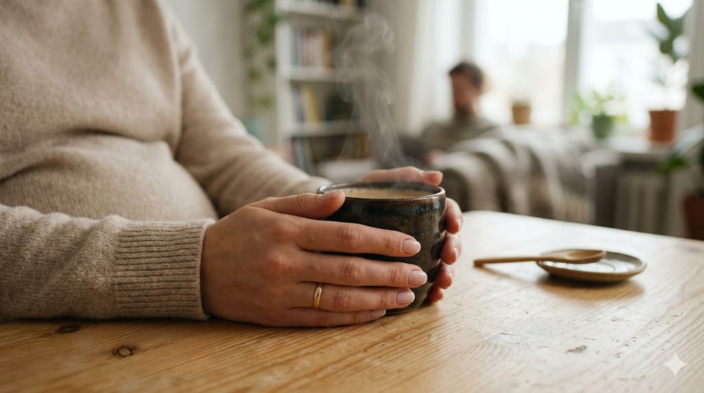 cafe-na-gravidez-quantidade-permitida.jpg Mãos de uma grávida segurando com carinho uma xícara de café fumegante sobre uma mesa de madeira.