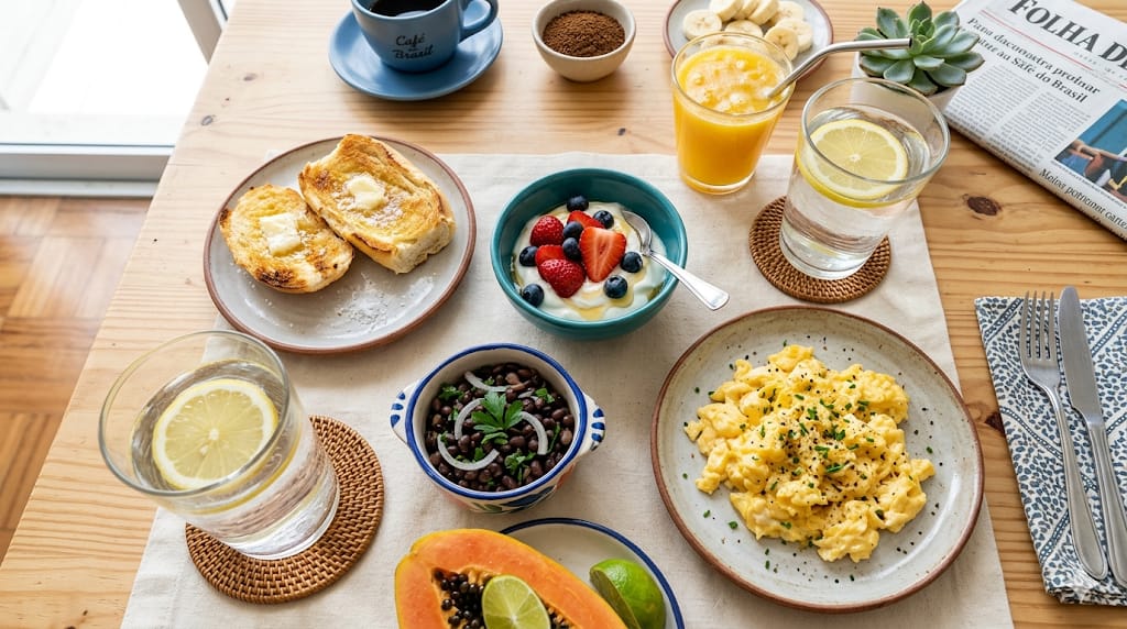 comida-saudavel-e-equilibrada-na-gestacao.jpg Mesa de café da manhã com pão, iogurte com morangos, ovos mexidos bem cozidos e um copo de água.