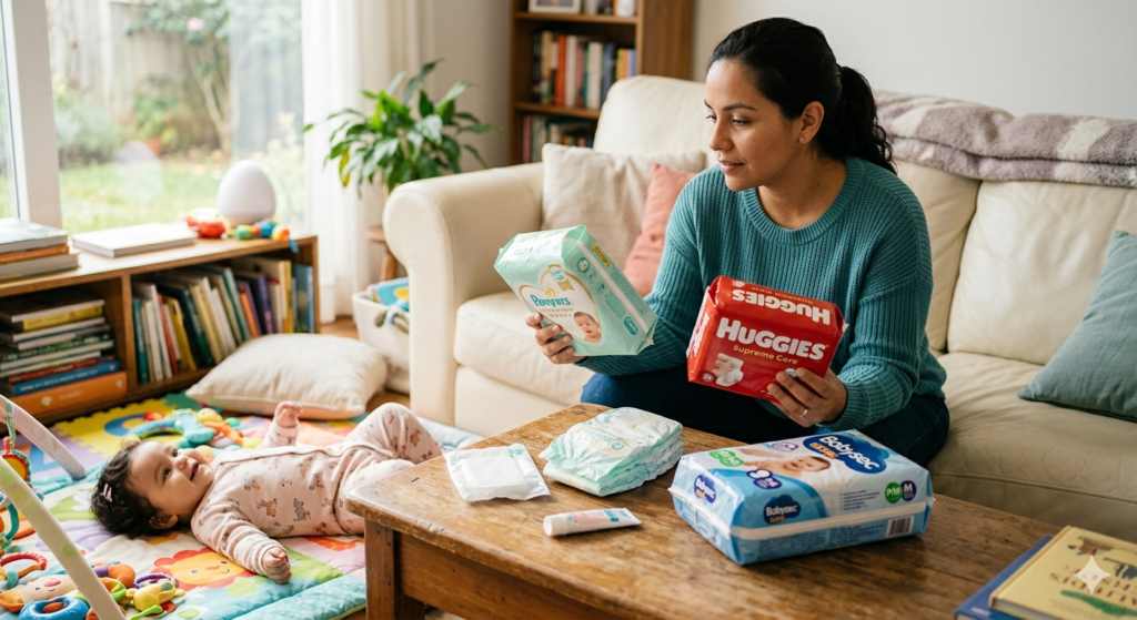 Mãe sentada no sofá da sala comparando pacotes de fraldas das marcas Pampers, Huggies e Babysec na mesa de centro, com um bebê de 2 meses deitado brincando em um tapete de atividades no chão.