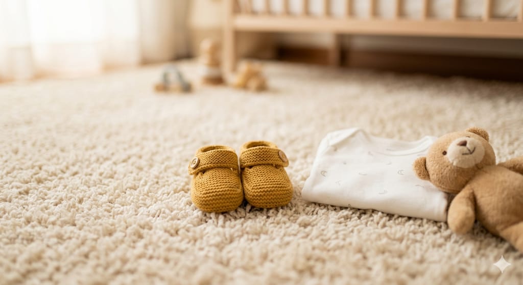 comprar-enxoval-de-bebe-no-inicio-da-gravidez.jpg Sapatinhos de tricô amarelos de bebê ao lado de um body branco e um ursinho de pelúcia em um tapete claro.