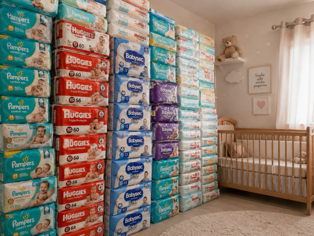 consumo-de-fraldas-por-dia-bebe.jpg Uma pilha enorme e organizada de pacotes de fraldas descartáveis empilhadas até o teto em um quarto de bebê, com um berço de madeira ao fundo.