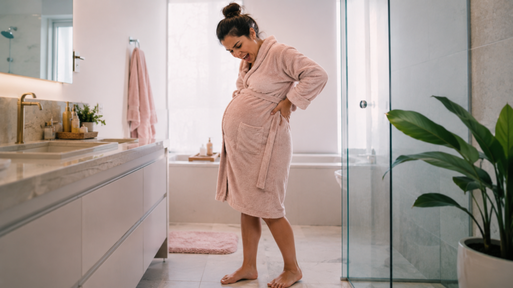 Mulher grávida de roupão olhando para baixo tentando enxergar os pés por cima da barriga grande no banheiro.