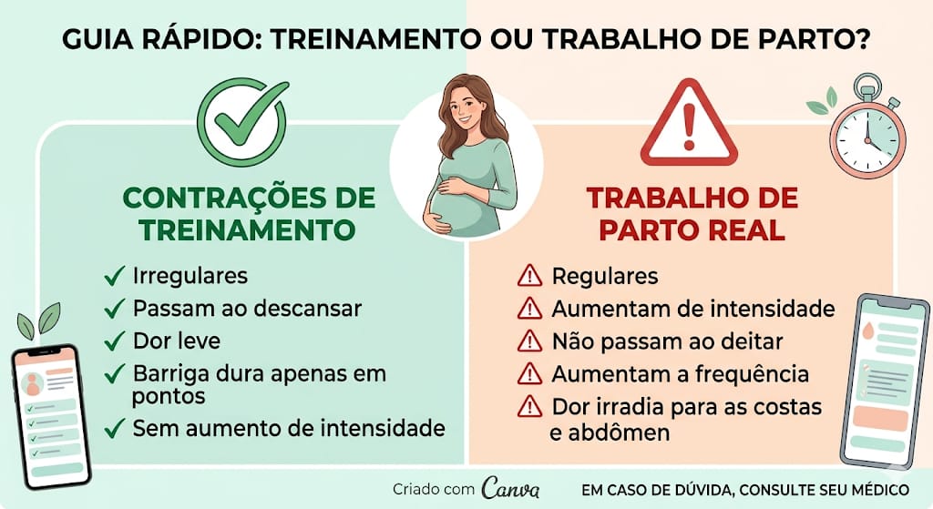 diferenca-contracao-treinamento-e-parto-real.png Infográfico comparativo mostrando as diferenças entre contrações de treinamento Braxton Hicks e o trabalho de parto real.