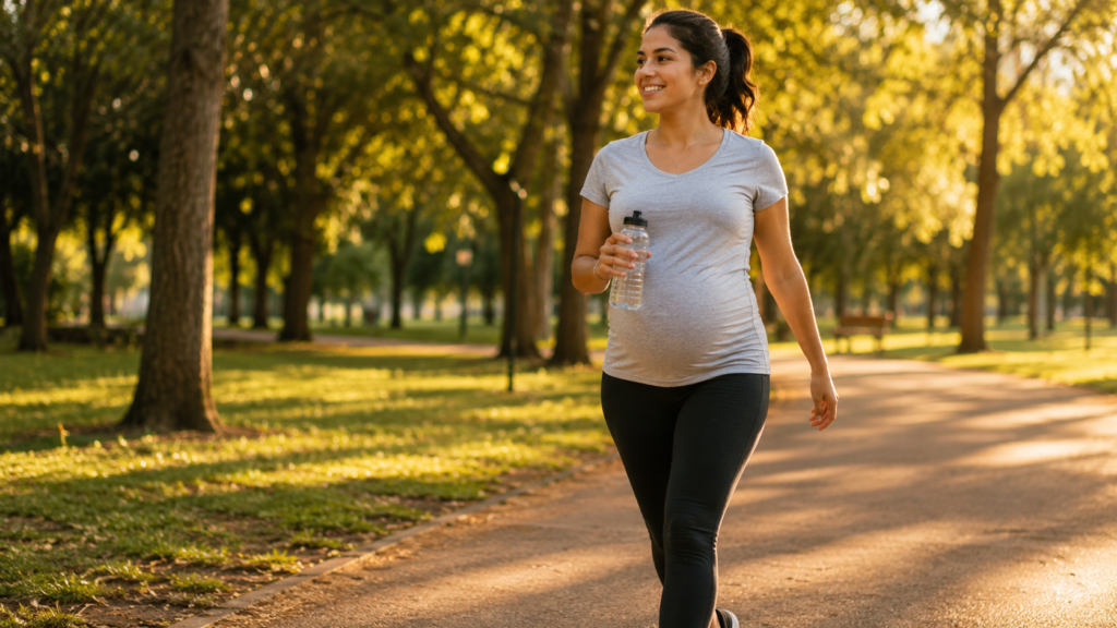 Mulher grávida caminhando sorridente em um parque iluminado pelo sol da tarde, usando roupas confortáveis.