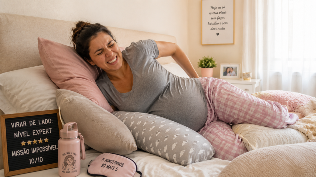 expectativa-versus-realidade-gravida-cansada.jpg Mulher grávida na cama cercada de travesseiros com expressão engraçada de esforço para se movimentar.