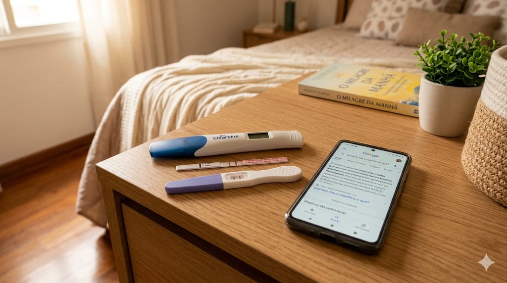 fazer-outro-teste-de-gravidez-para-confirmar.jpg Três testes de gravidez positivos enfileirados em cima de uma mesa ao lado de um celular com pesquisa do Google.