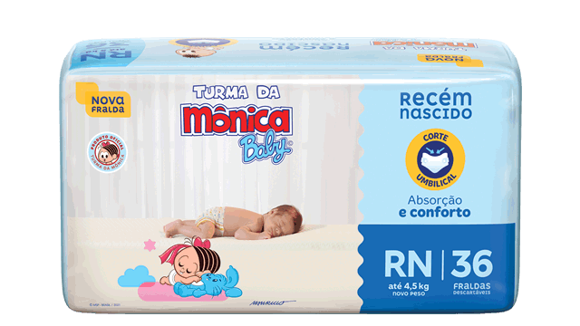 Pacote de fraldas Turma da Mônica Baby, mostrando os detalhes do pacote tamanho RN