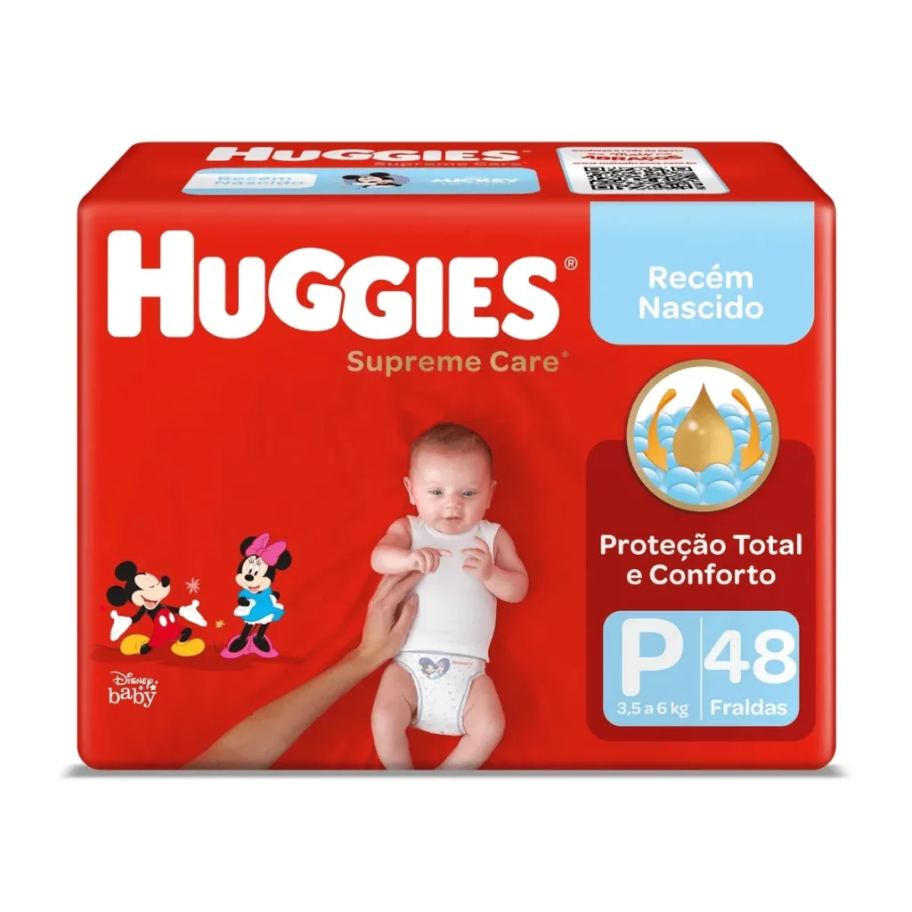 Pacote vermelho de fraldas descartáveis Huggies Supreme Care tamanho P com quarenta e oito unidades.