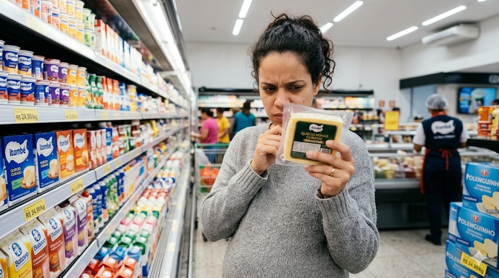 grávida-olhando-rotulo-de-alimento-no-mercado.jpg Mulher grávida analisando detalhadamente o rótulo de um queijo no corredor de um supermercado.