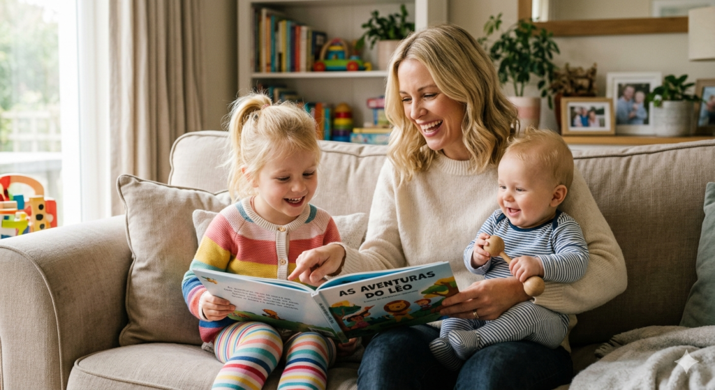 Mãe loira sorrindo no sofá lê o livro infantil As Aventuras do Léo com a filha pequena e o bebê no colo.