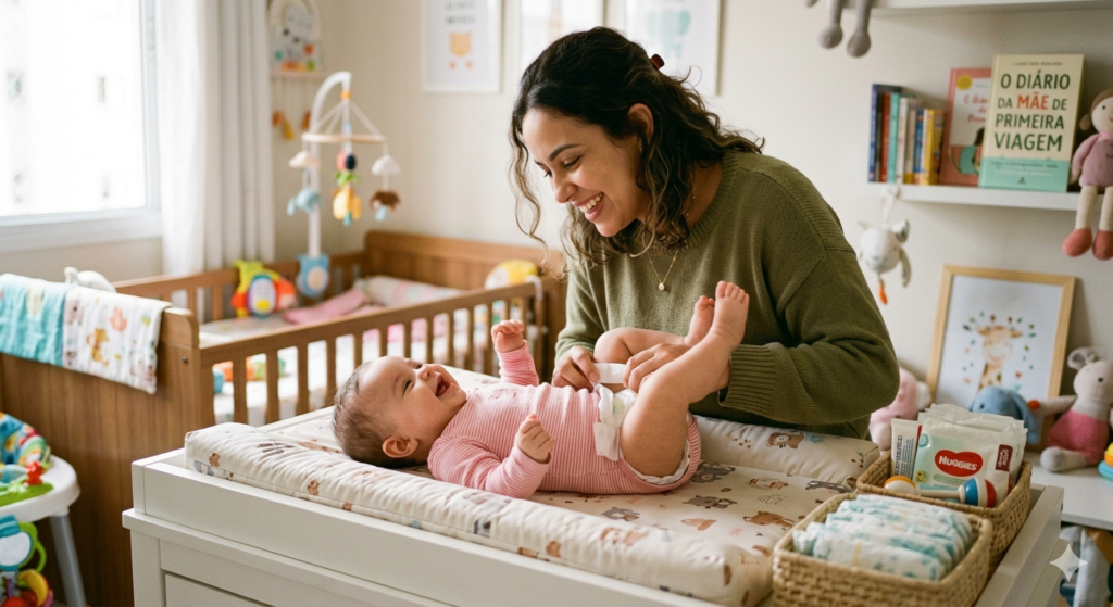 troca-de-frauda-com-babysec-ultrasec.jpg Mãe de primeira viagem trocando a fralda de um bebê de 2 meses sorridente sobre um trocador acolchoado.