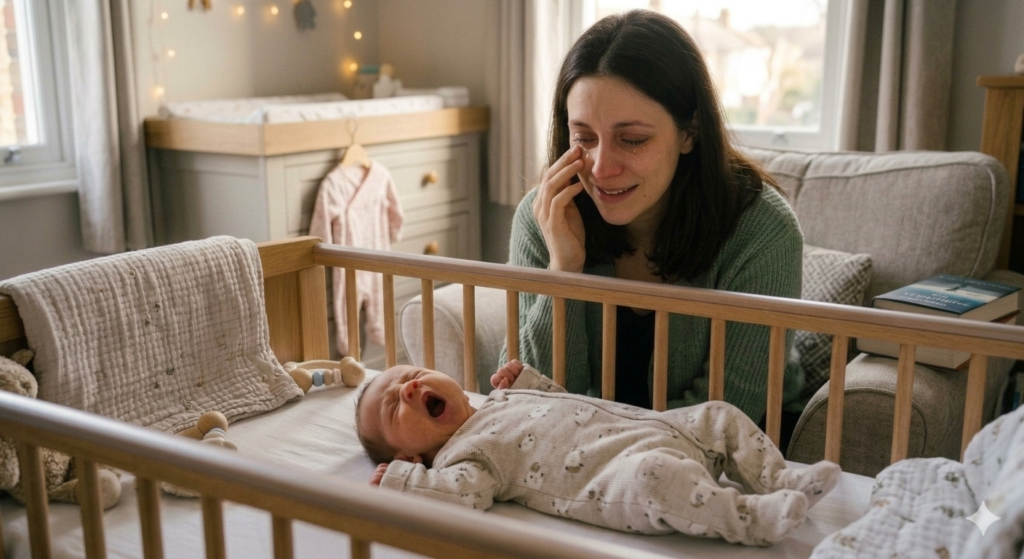 mae-emocionada-bebe-bocejando-no-berco.jpg Mãe sorridente com olhos marejados limpando uma lágrima com o dedo, olhando com carinho para o bebê recém-nascido que veste um macacão claro e boceja deitado no berço de madeira.