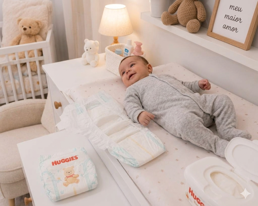review-detalhado-fralda-huggies-aberta.webp Bebê vestido com macacão cinza deitado no trocador com uma fralda Huggies aberta e lencinhos umedecidos ao lado.